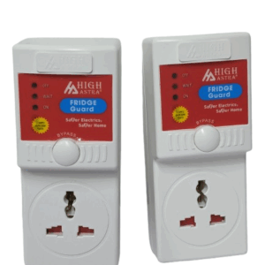 High Astra FridgeGuard voltage protector plug with LED indicators and bypass switch.