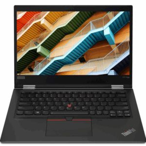 Refurbished Lenovo ThinkPad X13 Yoga 13.3-inch 2-in-1 touchscreen business laptop with Intel Core i7 10th Gen processor, 16GB RAM, 256GB SSD, stylus pen, and Windows 10 Pro in black.